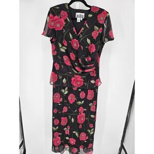 Vtg Sheri Martin Womens Sz 12 Maxi Length Dress Black Pink Rose Floral Print